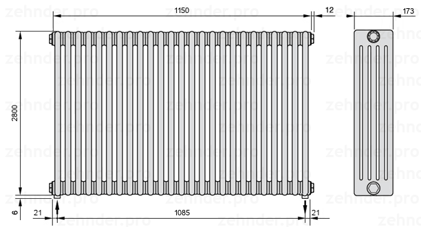 Схема (чертеж) Радиатор Zehnder Charleston 5280/25 №5310 Белый глянцевый RAL 9016